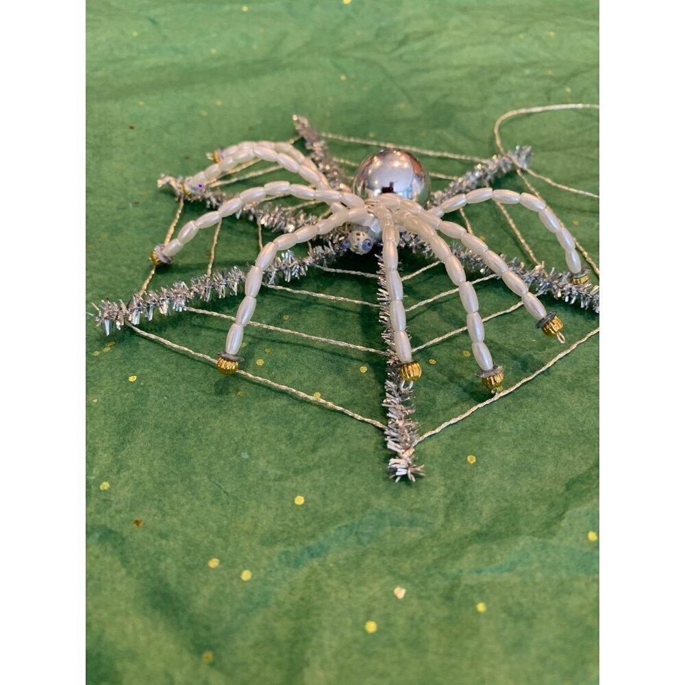 Christmas Spider Ornament 5 in Handcrafted Beaded Holiday Festive Gift Silver